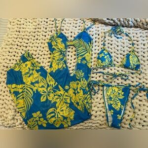 Fashion Nova Blue and Yellow Floral Swimwear Set
